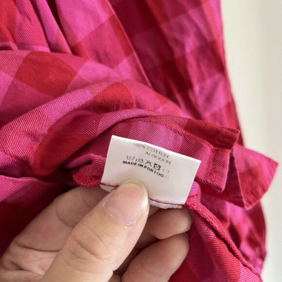 Vilagallo Top Womens 40 Red Pink Plaid Button Up Summer Preppy Beach Casual - Picture 6 of 9